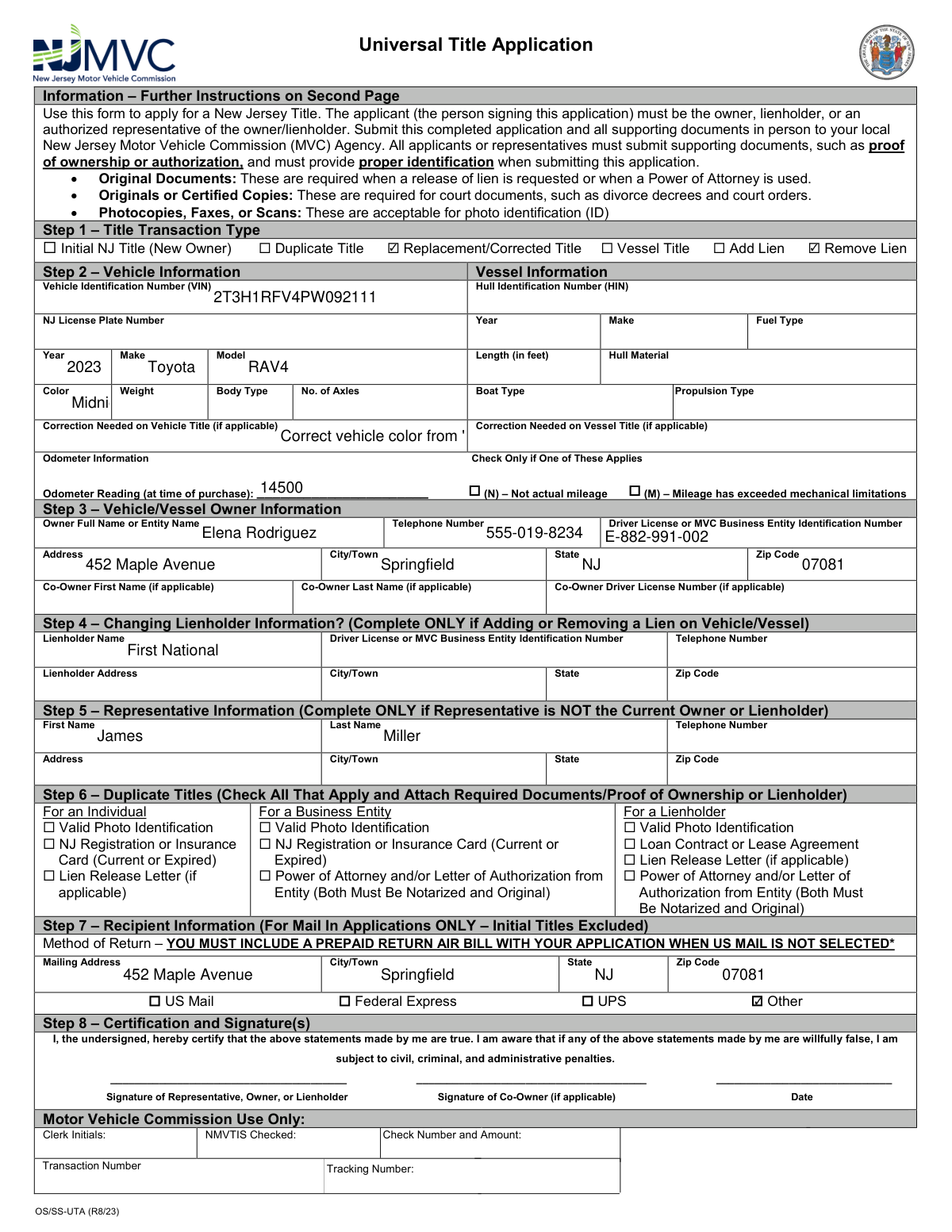 Completed New Jersey Universal Title Application Form OS/SS-UTA example