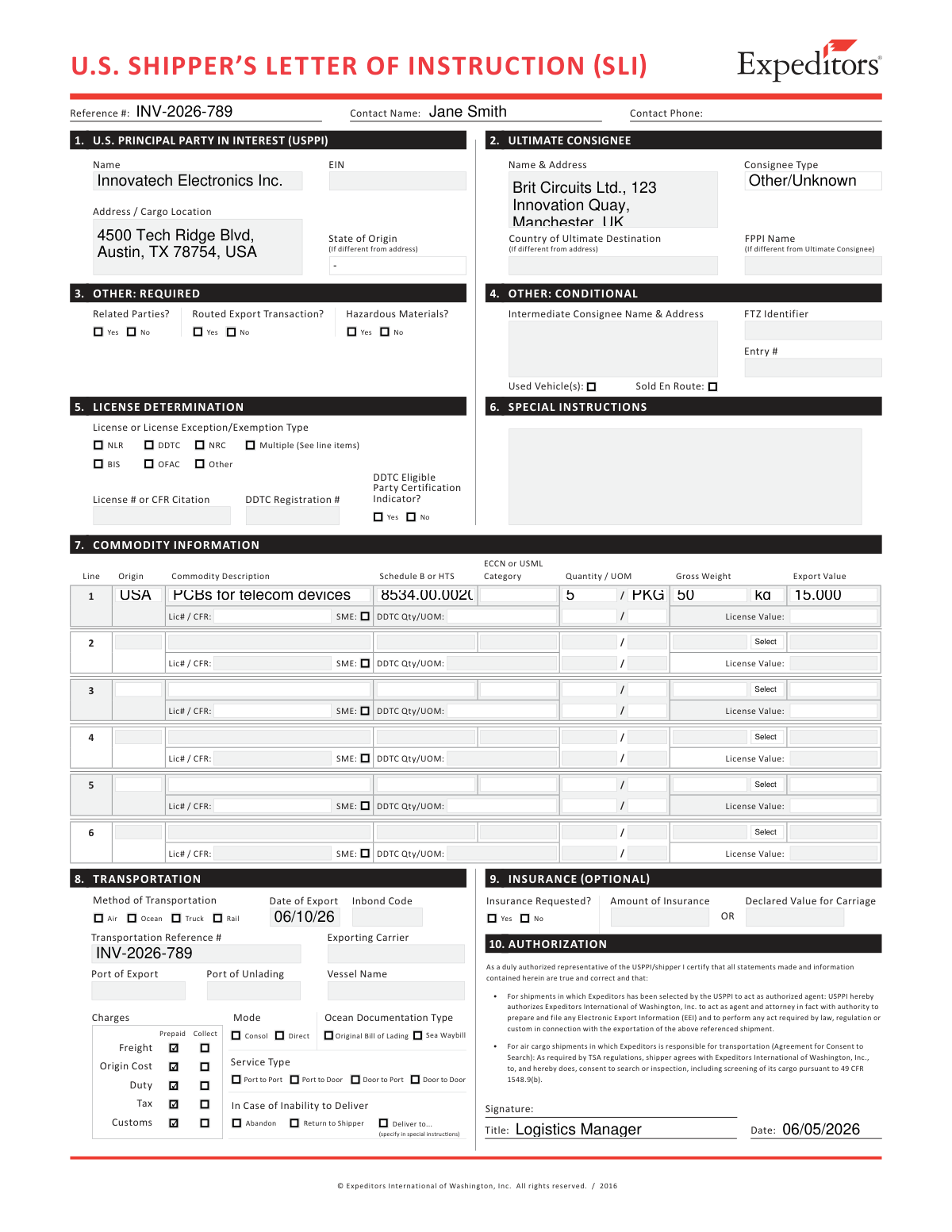 Completed U.S. Shipper’s Letter of Instruction (SLI) form for a commercial export of electronics from the USA to the UK.