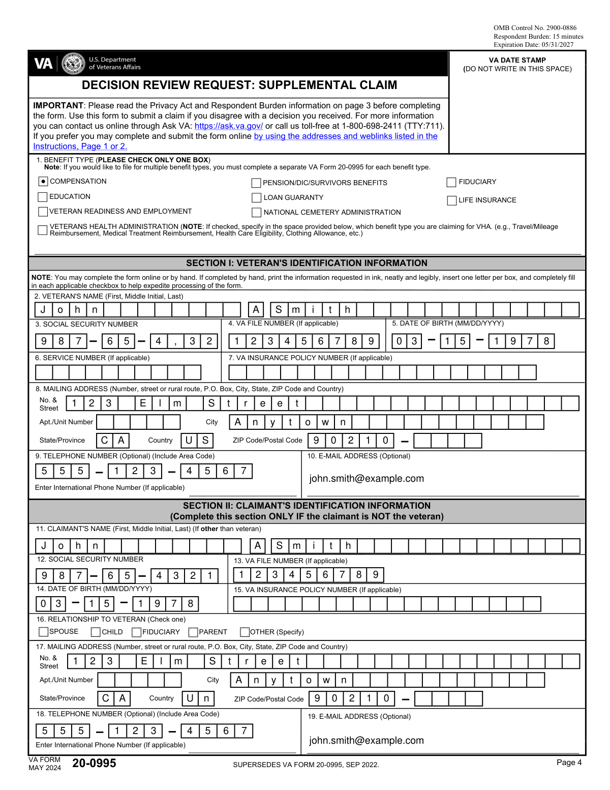 Completed VA Form 20-0995, Decision Review Request: Supplemental Claim for PTSD