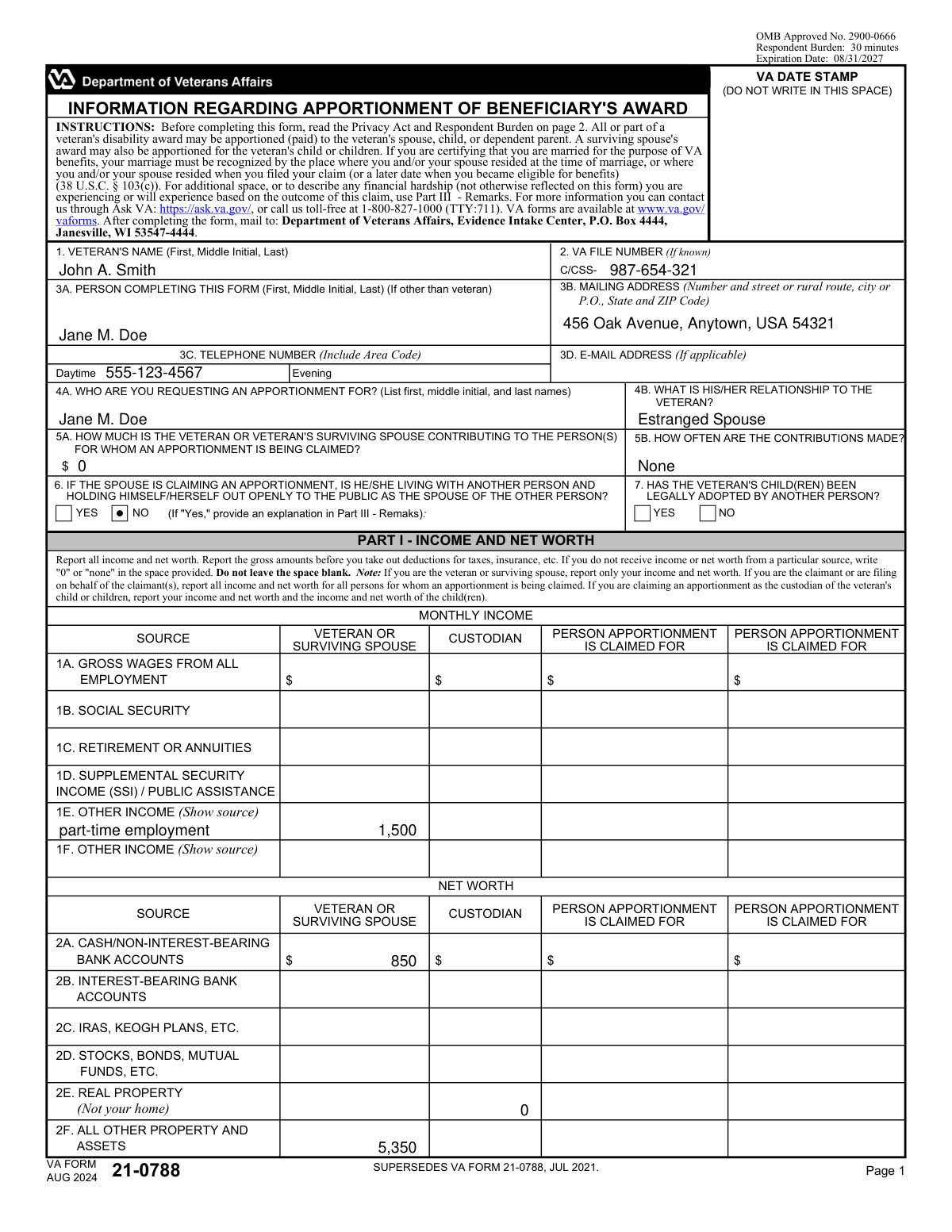 Completed VA Form 21-0788 example for an estranged spouse requesting apportionment of a veteran's benefits.