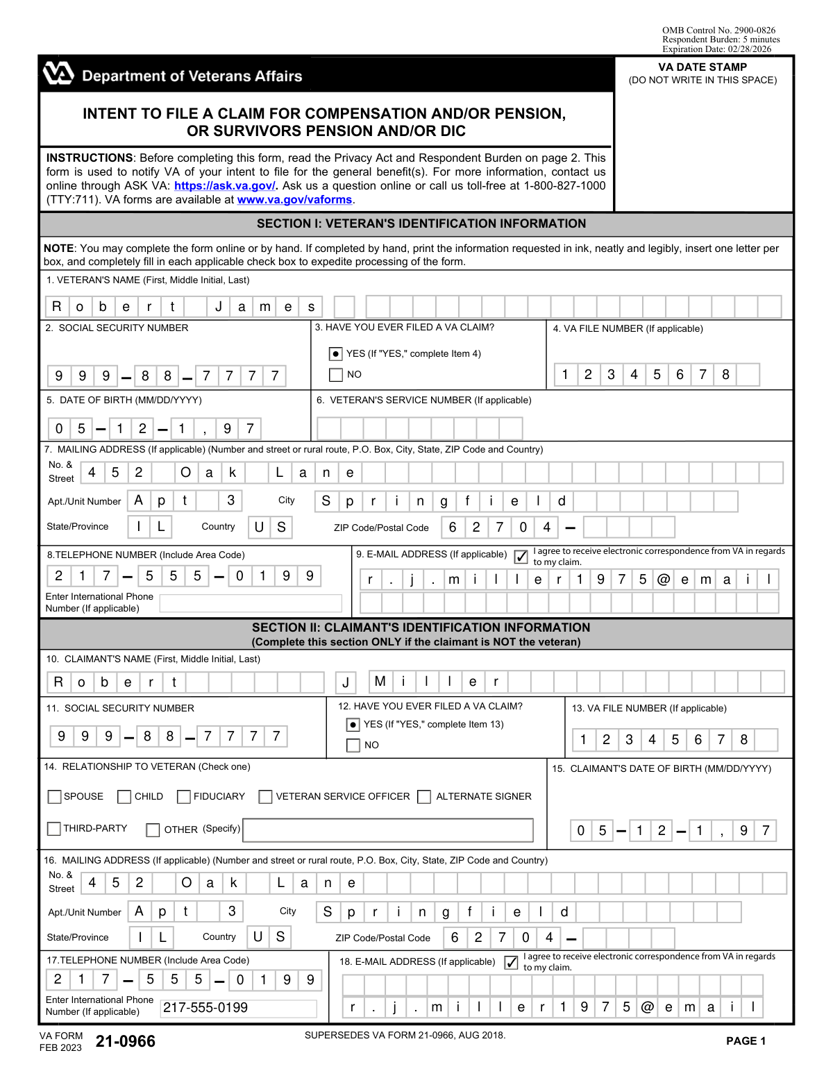 Completed VA Form 21-0966 demonstrating AI data extraction from a veteran's email.