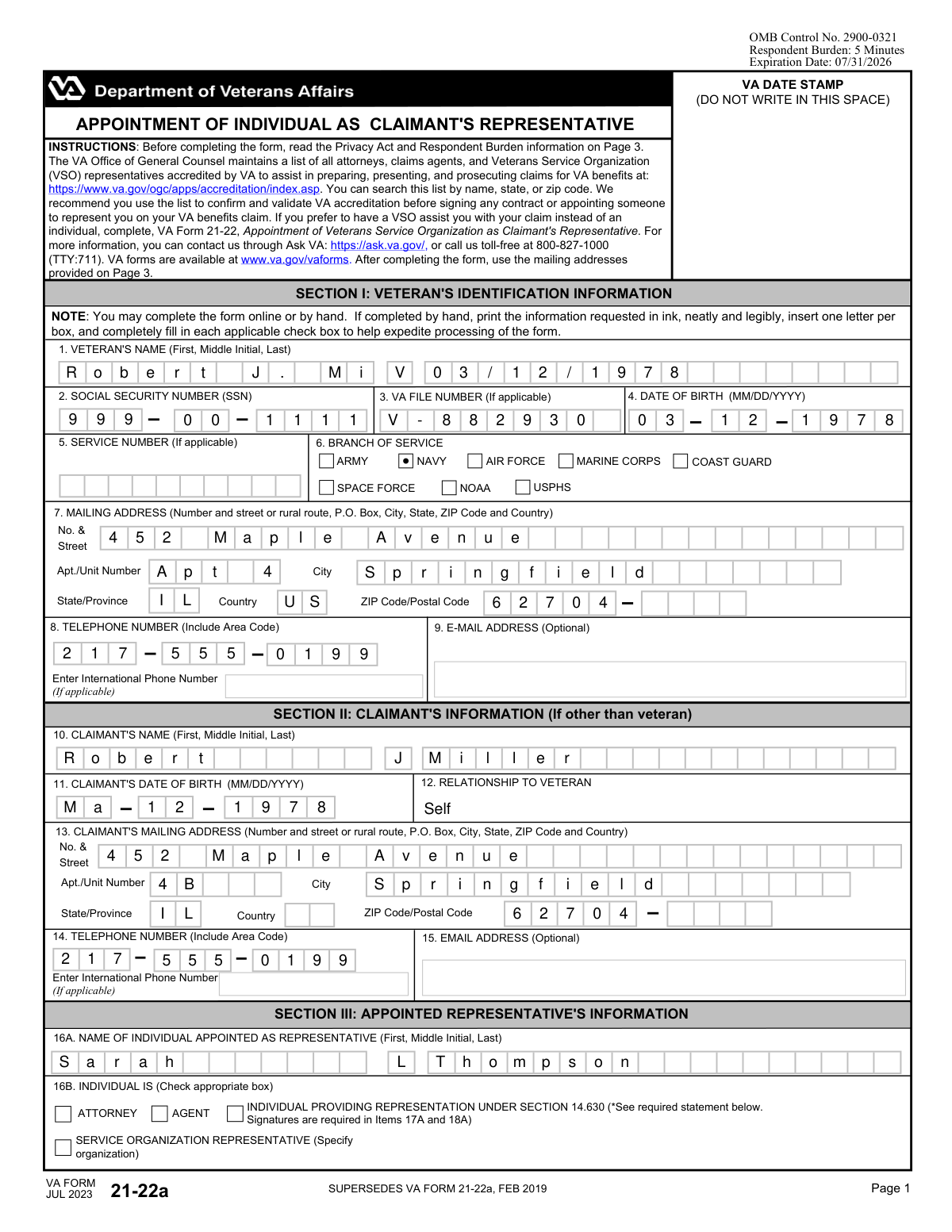 Completed VA Form 21-22a for representative appointment