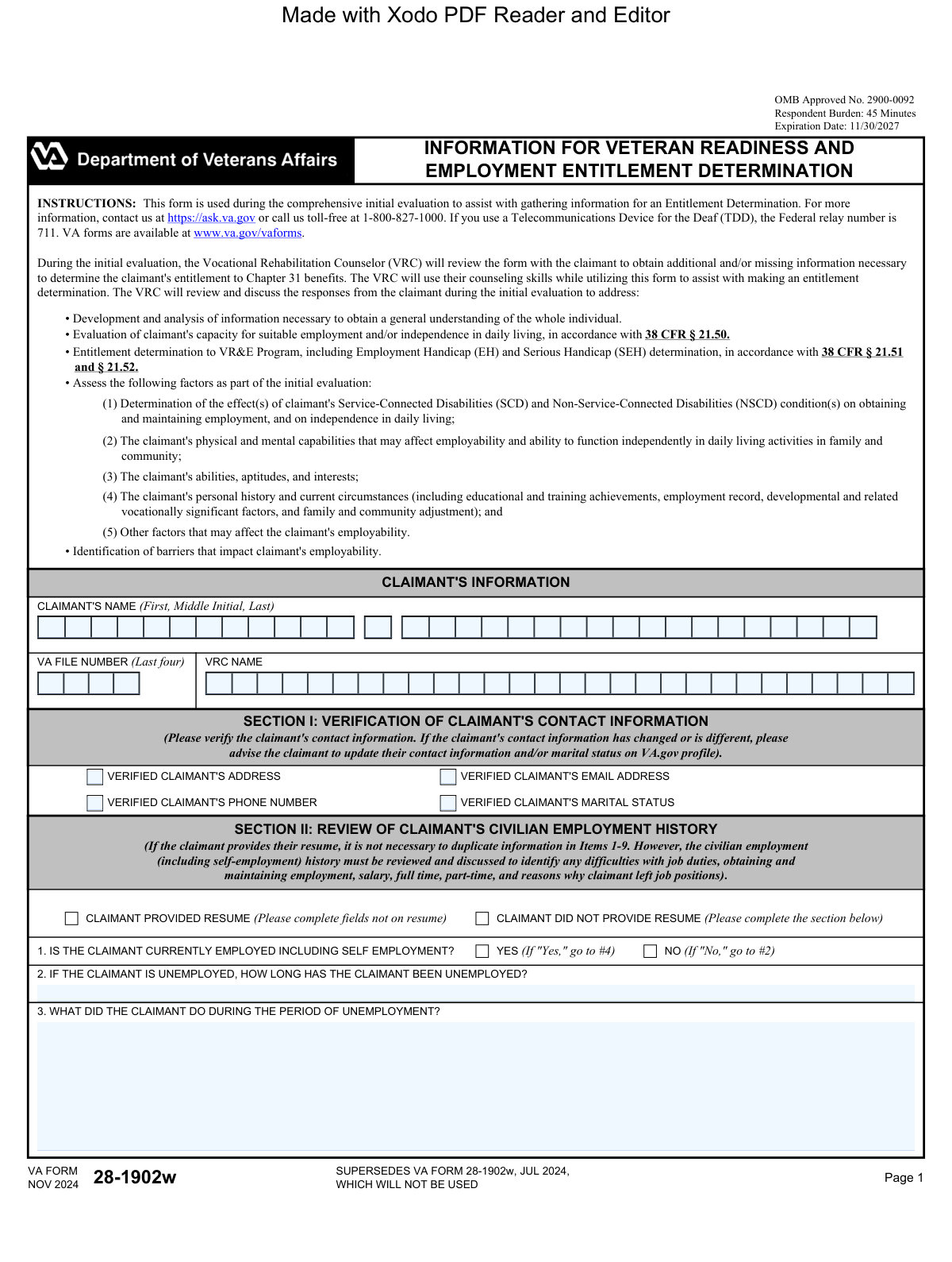 Preview of VA Form 28-1902w, Information for Veteran Readiness and Employment Entitlement Determination