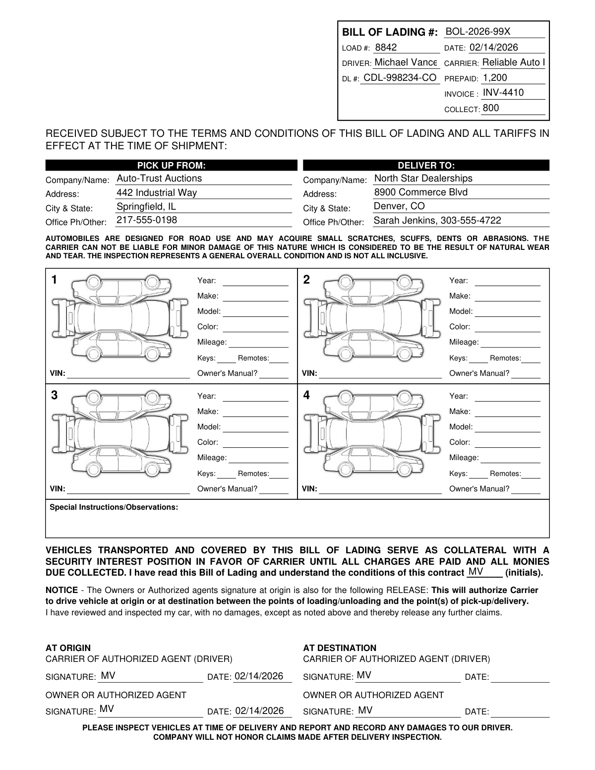 Automated filling of a Vehicle Bill of Lading form from logistics email notes.