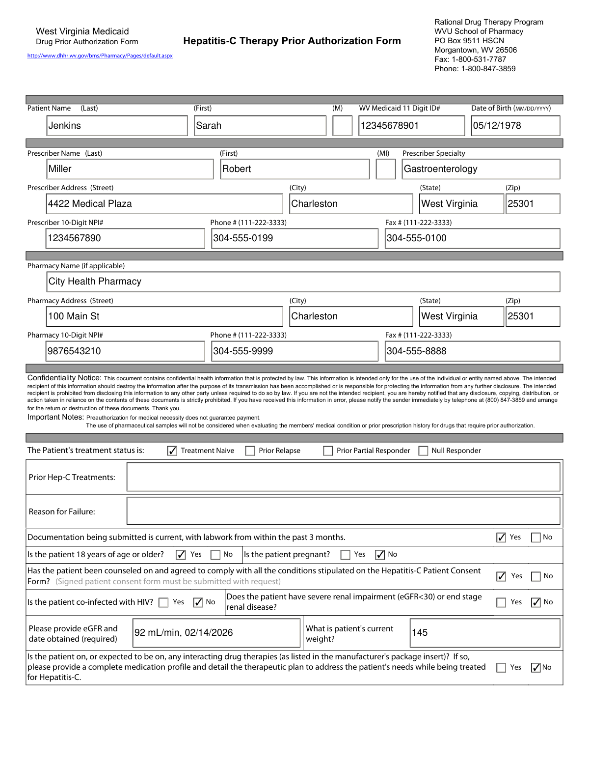 Completed West Virginia Medicaid Hepatitis-C Therapy Prior Authorization Form