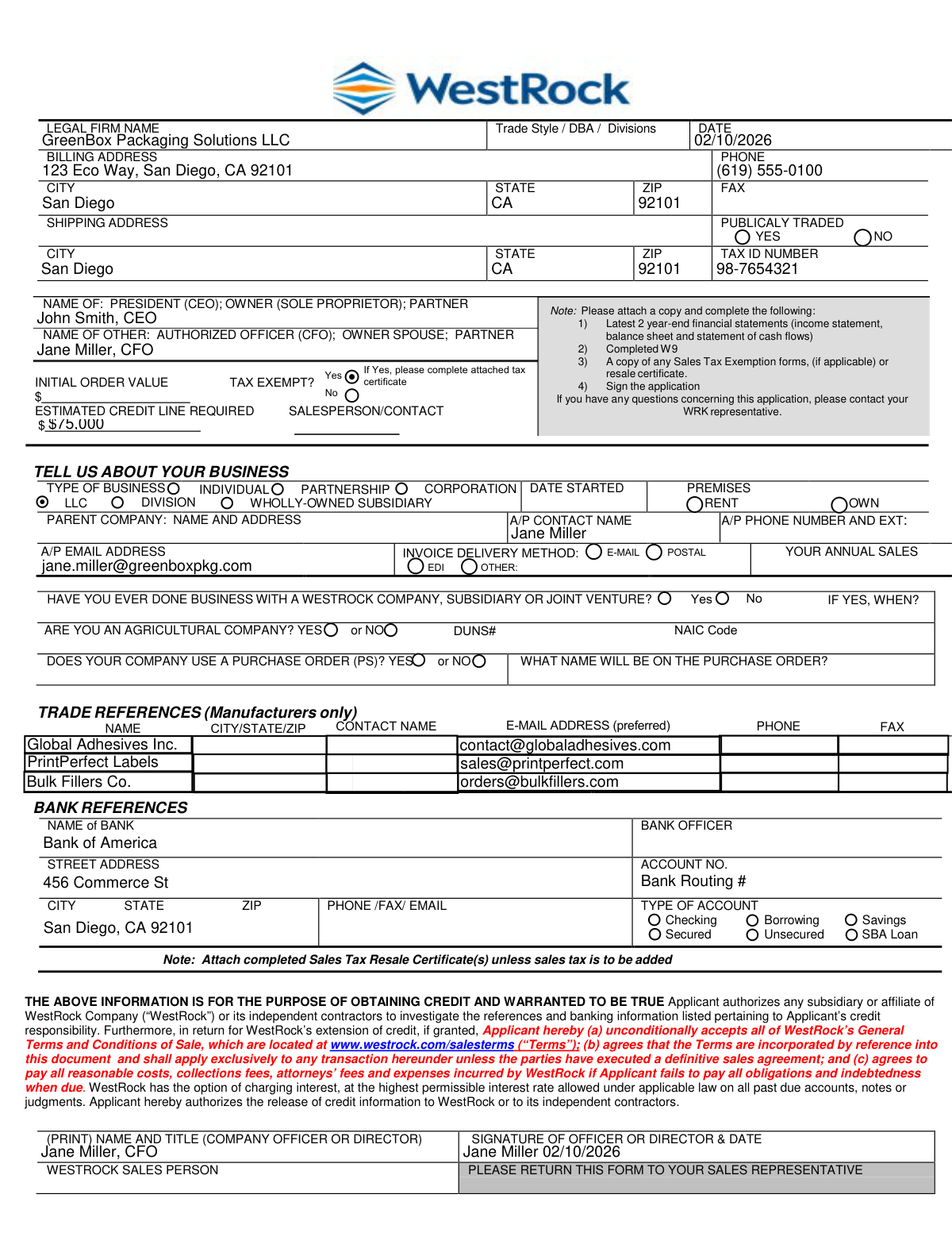 Completed WestRock Credit Application and Uniform Sales & Use Tax Exemption/Resale Certificate for an e-commerce business.