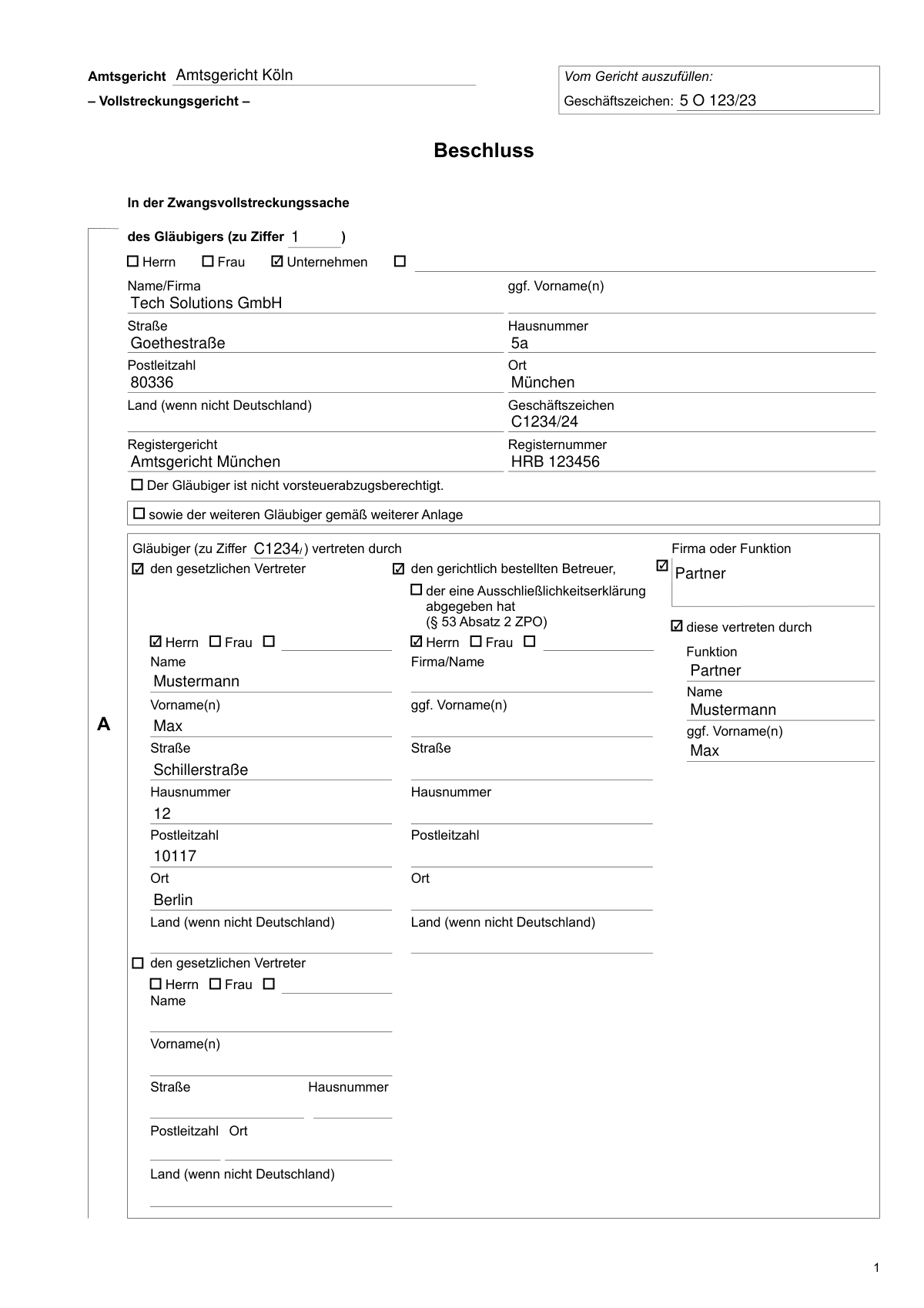Completed form for Pfändungs- und Überweisungsbeschluss (PfüB) demonstrating debt collection from salary and bank account.