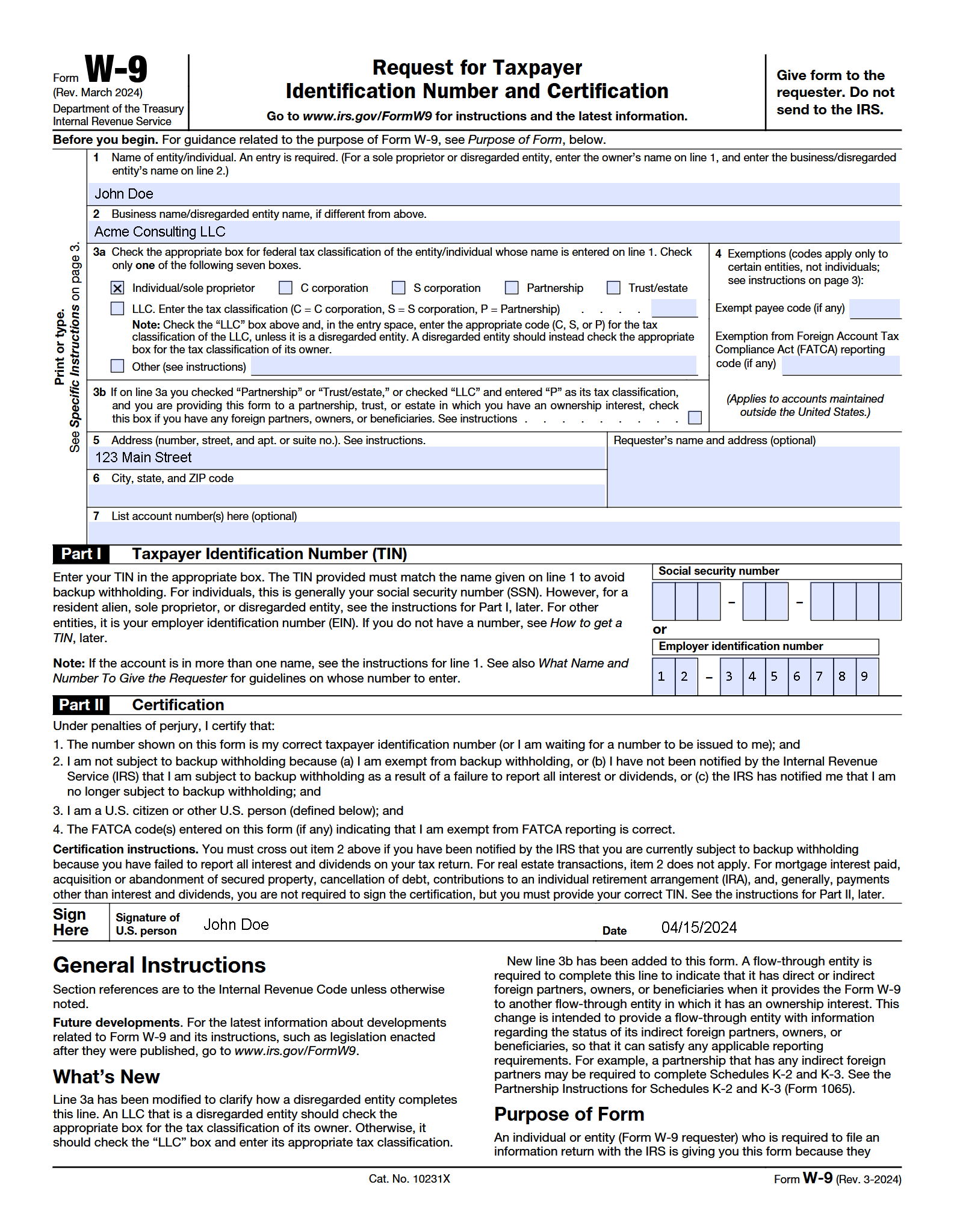 W-9 Form Example - 2024 Version Completed W-9 Form (2024) for a single-member LLC taxed as a sole proprietorship