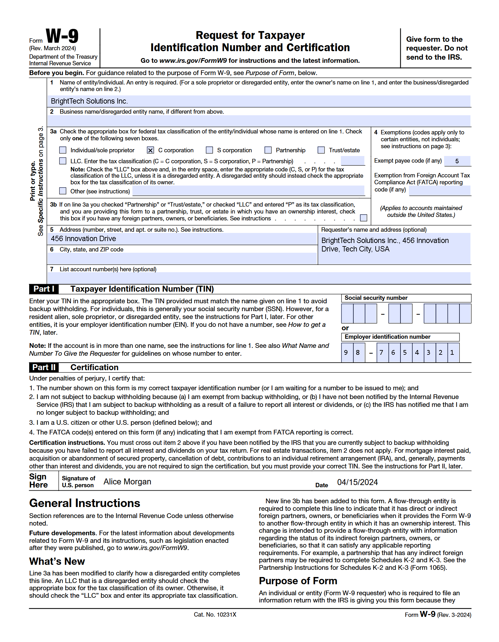 W-9 Form Example - 2024 Version (C Corporation) Completed W-9 Form (2024) for a C Corporation